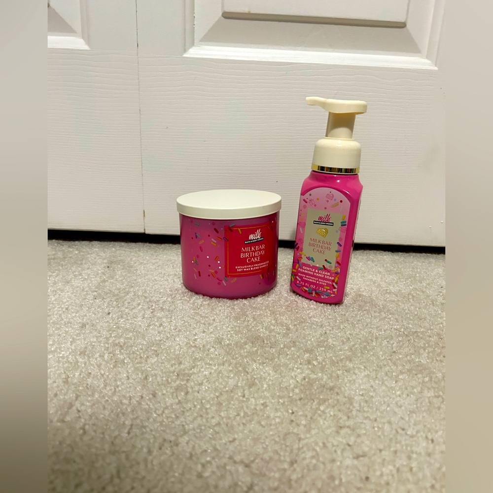 NWTs Bath & Body Works Milk Bar Birthday Cake 3 Wick Candle and Foaming Soap